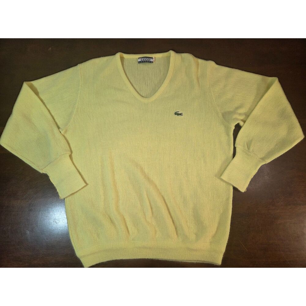 Vtg IZOD Lacoste Yellow V-Neck Sweater Mens Size 7 Crocodile Logo Preppy